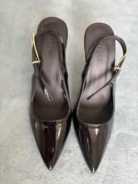 Geeyea Black Patent Slingback Stiletto Heels Pointed Toe EU 36 New